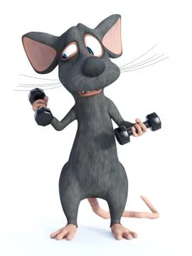 3D rendering of a cartoon mouse doing a workout with dumbbells. Illustrazione stock