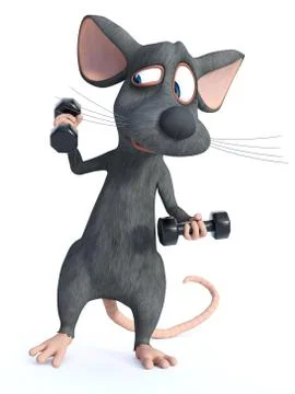 3D rendering of a cartoon mouse doing a workout with dumbbells. Stock Illustration