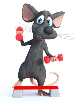 3D rendering of a cartoon mouse doing a workout with dumbbells. Stock Illustration