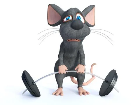 3D rendering of a cartoon mouse doing a workout with a barbell. Illustrazione stock