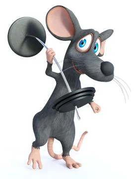 3D rendering of a cartoon mouse doing a workout with a barbell. Stock Illustration