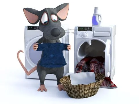 3D rendering of a cartoon mouse doing laundry. Stock Illustration