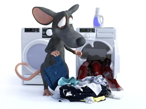3D rendering of a cartoon mouse doing laundry. Stock Illustration