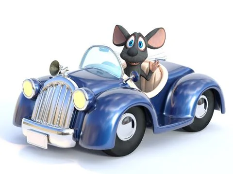 3D rendering of a cartoon mouse driving a car. Stock Illustration