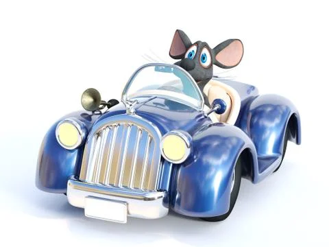 3D rendering of a cartoon mouse driving a car. Stock Illustration
