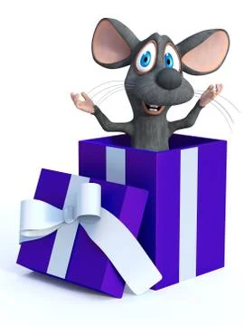 3D rendering of a cartoon mouse in a gift box. Stock Illustration