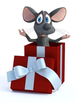3D rendering of a cartoon mouse in a gift box. Stock Illustration