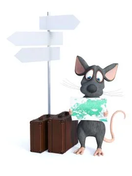 3D rendering of a cartoon mouse holding a map. Stock Illustration