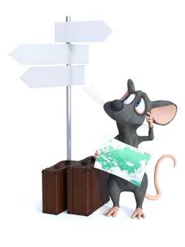 3D rendering of a cartoon mouse holding a map. Stock Illustration