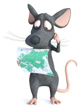 3D rendering of a cartoon mouse holding a map. Stock Illustration