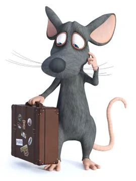 3D rendering of a cartoon mouse holding travel suitcase. Stock Illustration