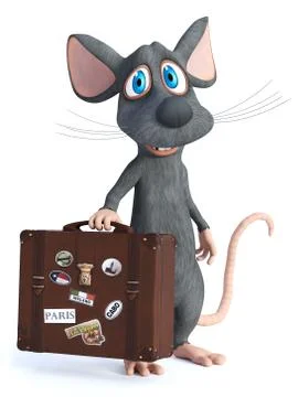 3D rendering of a cartoon mouse holding travel suitcase. Stock Illustration