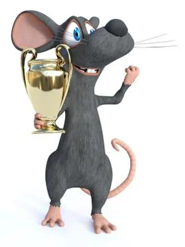 3D rendering of a cartoon mouse holding trophy award. Stock Illustration