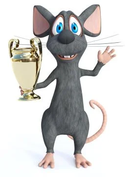 3D rendering of a cartoon mouse holding trophy award. Illustrazione stock
