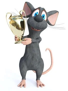3D rendering of a cartoon mouse holding trophy award. Stock-Illustration