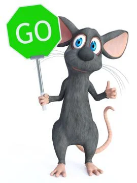 3D rendering of a cartoon mouse holding go sign. Illustrazione stock
