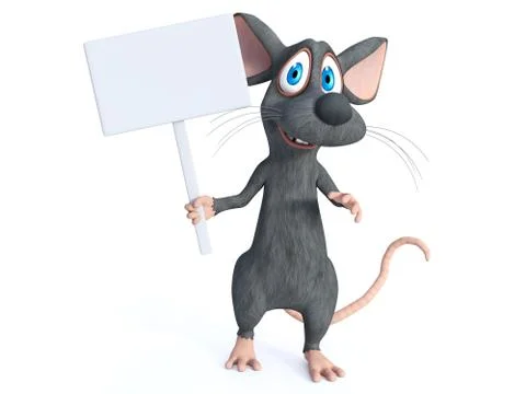 3D rendering of a cartoon mouse holding blank sign. Stock Illustration