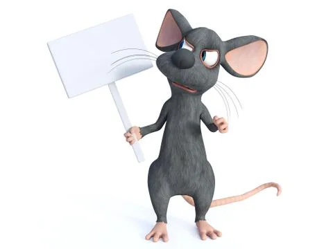 3D rendering of a cartoon mouse holding blank sign. Stock Illustration