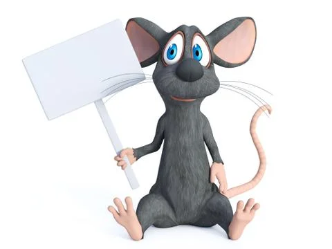 3D rendering of a cartoon mouse holding blank sign. Stock Illustration