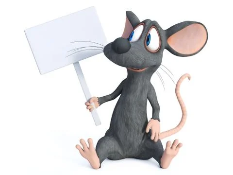 3D rendering of a cartoon mouse holding blank sign. Stock Illustration