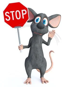 3D rendering of a cartoon mouse holding stop sign. Stock Illustration