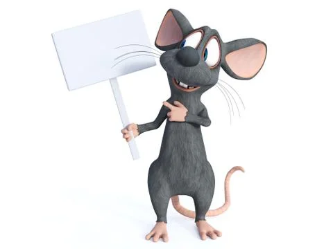 3D rendering of a cartoon mouse holding blank sign. Stock Illustration