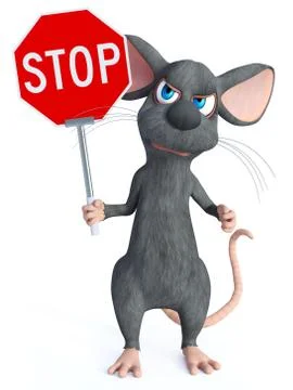 3D rendering of a cartoon mouse holding stop sign. Illustrazione stock