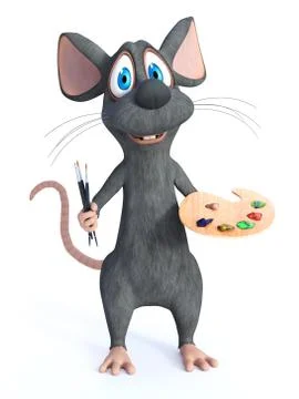 3D rendering of a cartoon mouse holding brushes and palette. Stock Illustration