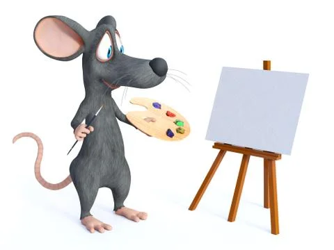 3D rendering of a cartoon mouse holding brushes and palette. Stock Illustration