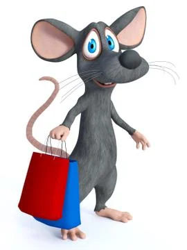 3D rendering of a cartoon mouse holding shopping bags. Stock Illustration