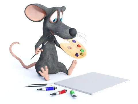 3D rendering of a cartoon mouse holding brush and palette. Stock Illustration