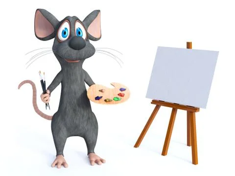 3D rendering of a cartoon mouse holding brushes and palette. Stock Illustration