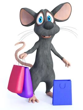 3D rendering of a cartoon mouse holding shopping bags. Stock-Illustration