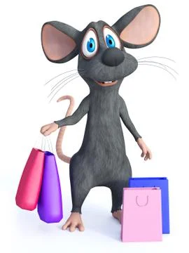 3D rendering of a cartoon mouse holding shopping bags. Stock Illustration