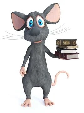3D rendering of a cartoon mouse holding a pile of books. Stock Illustration