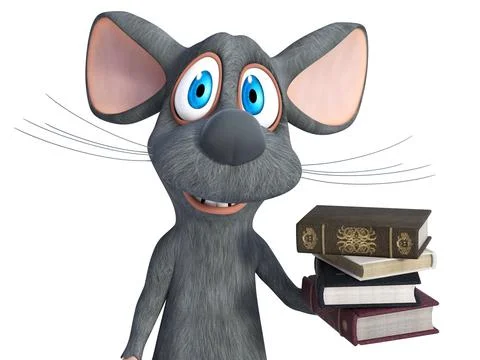 3D rendering of a cartoon mouse holding a pile of books. Stock Illustration