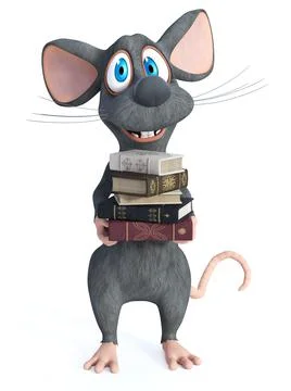 3D rendering of a cartoon mouse holding a pile of books. Stock Illustration