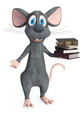 3D rendering of a cartoon mouse holding a pile of books. Stock Illustration