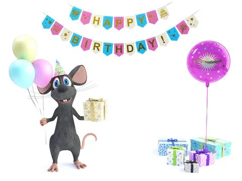 3D rendering of a cartoon mouse with party balloons and gifts. Stock Illustration
