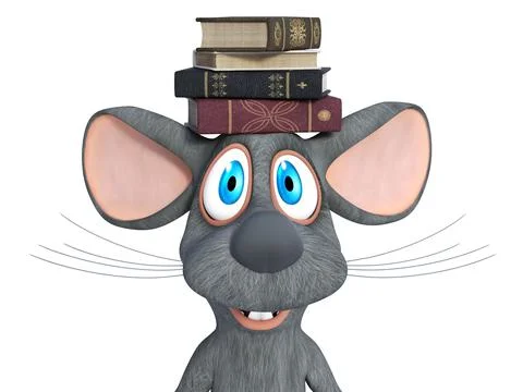 3D rendering of a cartoon mouse with a pile of books on his head. Illustrazione stock