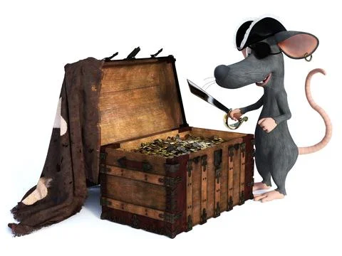 3D rendering of a cartoon mouse pirate with treasure. Stock Illustration
