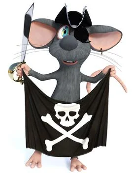 3D rendering of a cartoon mouse pirate holding sword and flag. Stock Illustration