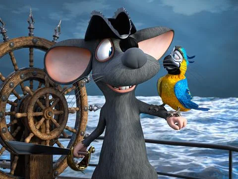 3D rendering of a cartoon mouse pirate holding parrot. Stock Illustration