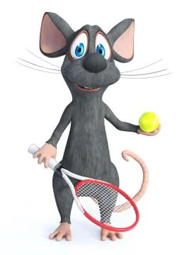 3D rendering of a cartoon mouse playing tennis. Stock Illustration