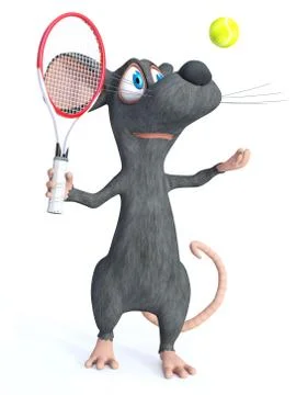 3D rendering of a cartoon mouse playing tennis. Stock Illustration