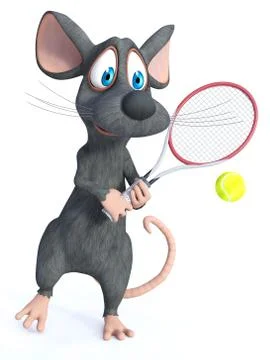 3D rendering of a cartoon mouse playing tennis. Stock Illustration