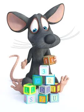 3D rendering of a cartoon mouse playing with toy blocks. Stock Illustration