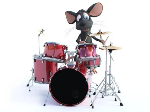3D rendering of a cartoon mouse playing drums. Stock Illustration