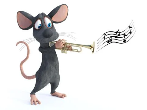 3D rendering of a cartoon mouse playing trumpet. Stock Illustration