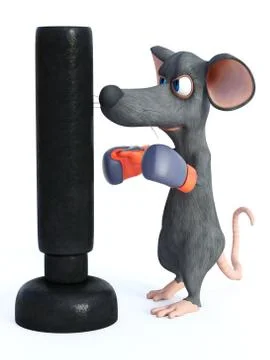 3D rendering of a cartoon mouse punching a heavy bag. Stock Illustration